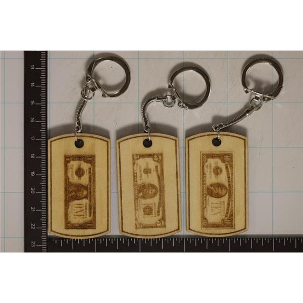 3 NICE WOODEN ENGRAVED KEYCHAINS WITH A US $1,