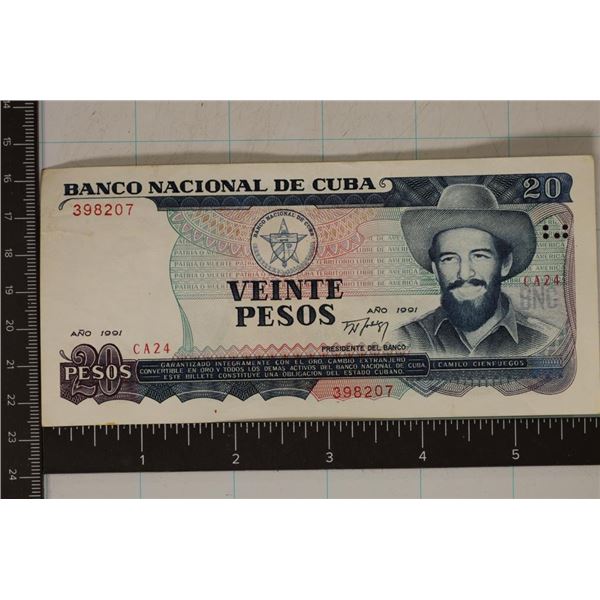 1991 BANK OF CUBA 20 PESO BILL "PRESIDENTE DEL