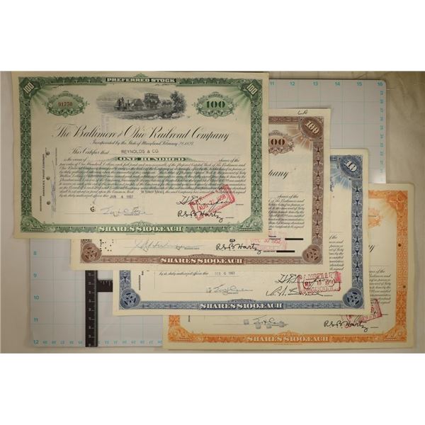4 VINTAGE STOCK CERTIFICATES BALTIMORE AND OHIO