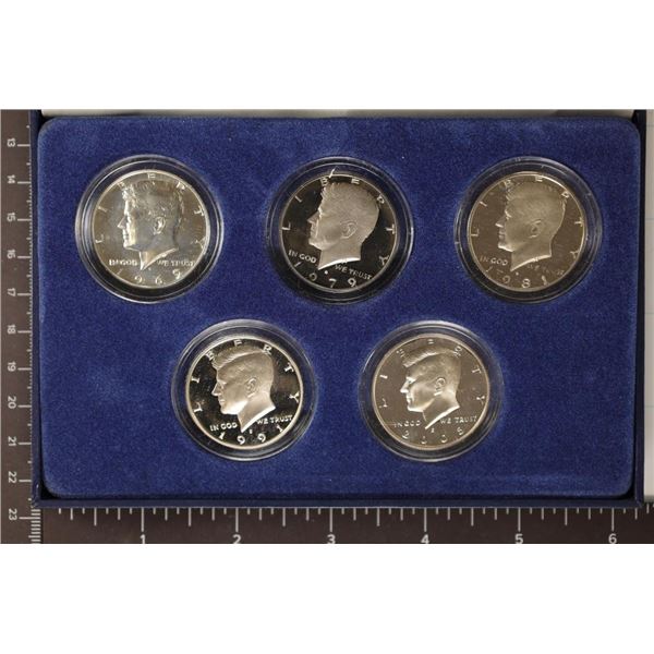 5 COIN KENNEDY HALF DOLLAR PF SET IN BLUE CLAM