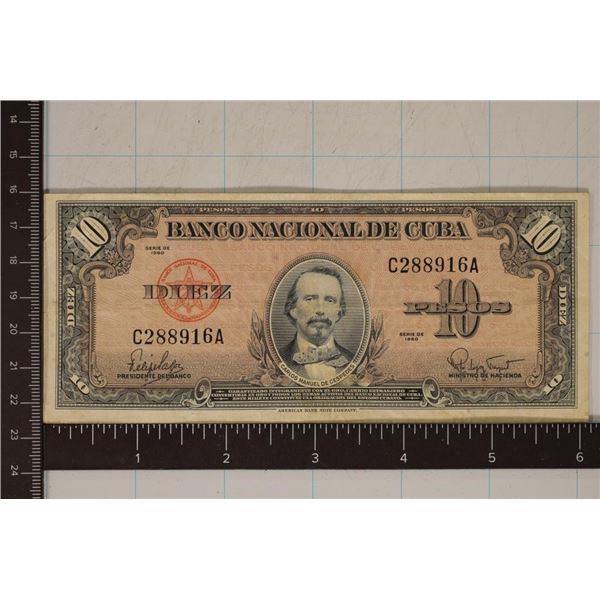 1960 BANK OF CUBA 10 PESO BILL WITH CARLOS MANUEL