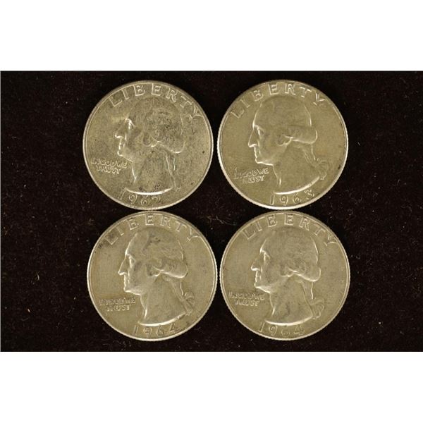 1962, 1963, 1964 & 1964-D WASHINGTON SILVER 1/4'S