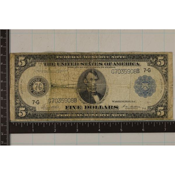 1914 US $5 FEDERAL RESERVE NOTE BLUE SEAL WITH