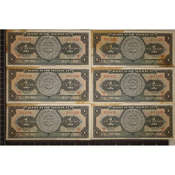 6-1959 AU-CU MEXICO 1 PESO BILLS: 5 CONSECUTIVE