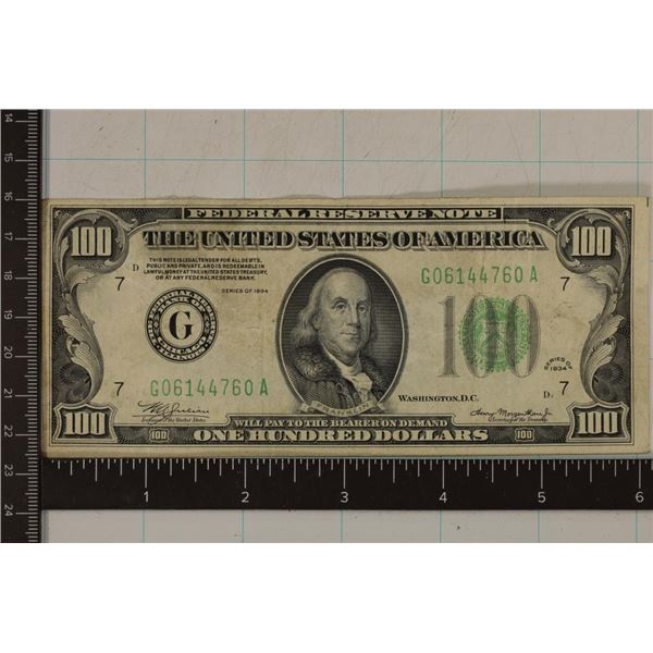1934 US $100 GREEN SEAL BILL, HAS FINGURE PRINT