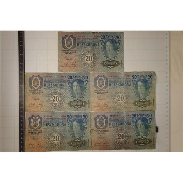 5-AUSTRIA 1913-20 KORONA BILLS EDGE TEARS NOTED