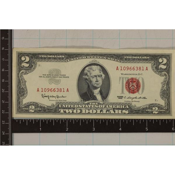 CRISP AU 1963 US RED SEAL $2 BILL, CLEAN WHITE