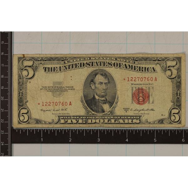 STAR NOTE 1953-B US RED SEAL $5 NOTE CIRCULATED