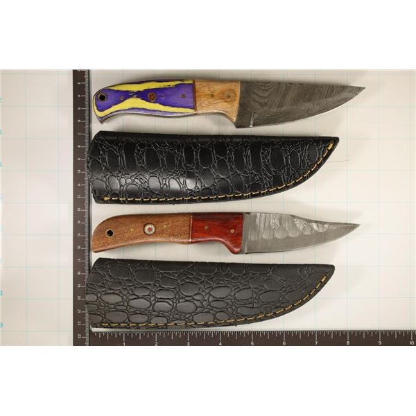 TWO DAMASCUS STEEL FIXED BLADE KNIVES WITH SHEATHS