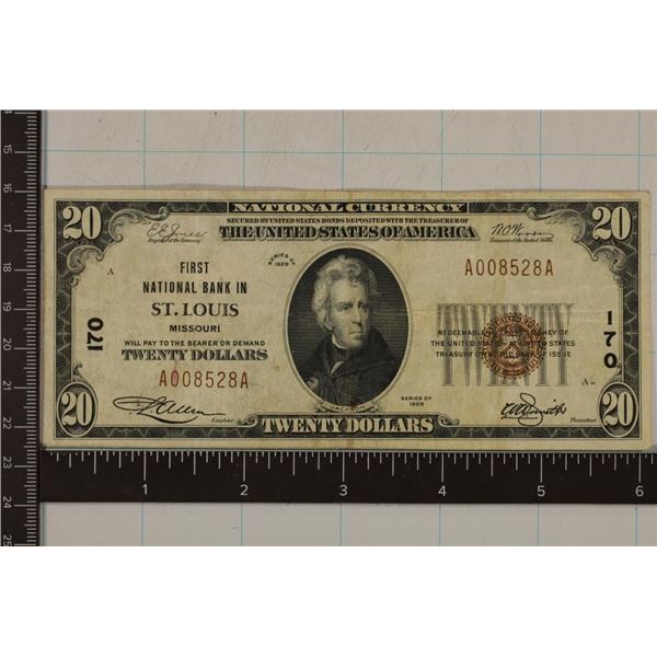 1929 US $20 NATIONAL CURRENCY ST. LOUIS, MO