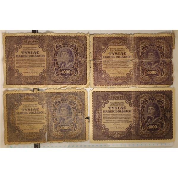 4-POLAND 1919 1000 MAREK BILLS: 3 IN TOUGH SHAPE