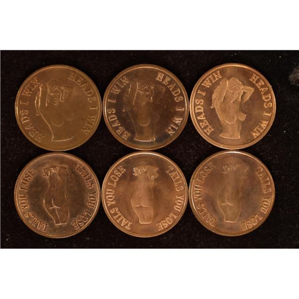 6 ADULT THEMED FLIPPER TOKENS: HEADS I WIN ON OBV.