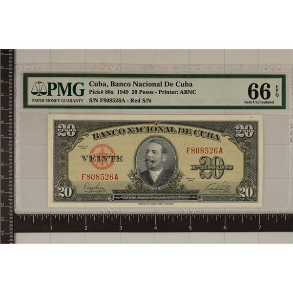 1949 BANK OF CUBA 20 PESO BILL PMG GEM UNC 66