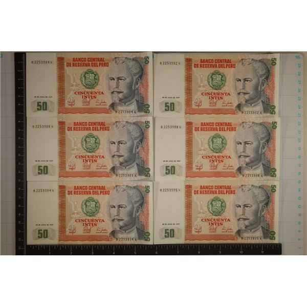 6-CRISP UNC BANK OF PERU 50 INTIS BILLS: 2 SETS