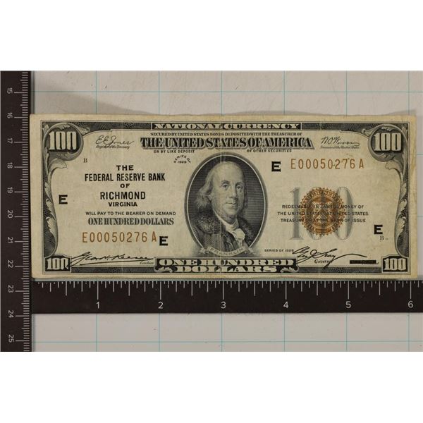 1929 US $100 RICHMOND VIRGINIA TYPE I NATIONAL
