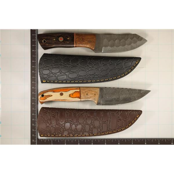 TWO DAMASCUS STEEL FIXED BLADE KNIVES WITH SHEATHS