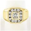 Mens 14k Yellow Gold 1.13 ctw Bezel Oval & Square Halo Diamond Ribbed Shank Ring