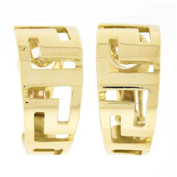 Solid 18K Yellow Gold Polished Graduating Greek Key Open Work Cuff Earrings