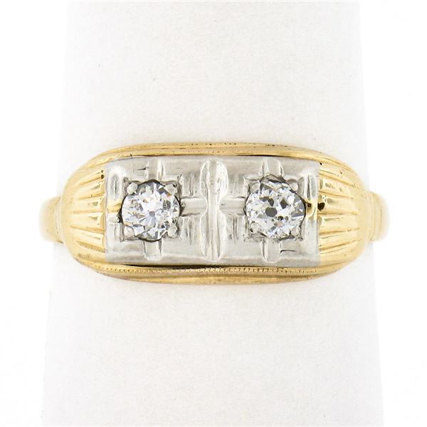 Antique Edwardian 14k TT Gold 0.20 ctw Old European Dual Diamond Etched Band Rin