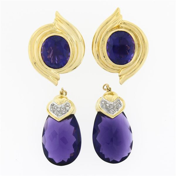 18K Yellow Gold Large Amethyst & Diamond Drop Dangle Enhancer Day Night Earrings