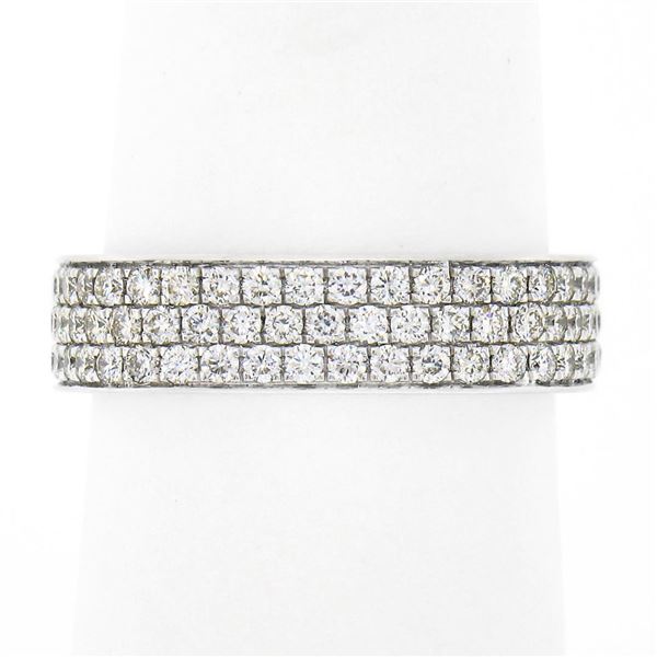 18k White Gold 1.20 ctw Pave Set Round Diamond Squared 3 Row Eternity Band Ring