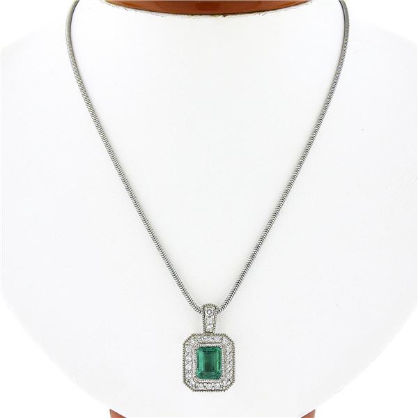 14k White Gold GIA Emerald Cut Emerald Diamond Mil grain Halo Pendant & 18" Chai