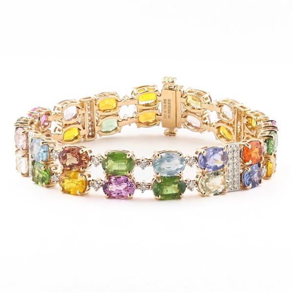 32.92 ctw MultiColor Sapphire and 1.17 ctw Diamond 14K Yellow Gold Bracelet