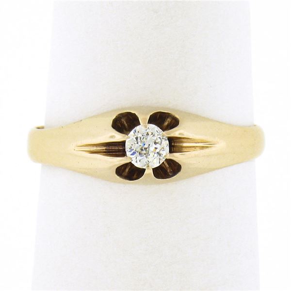 Antique Victorian 14K Gold 0.14 ctw European Diamond Belcher Gypsy Solitaire Rin