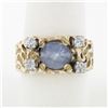 Image 1 : Unisex Vintage 14K Yellow Gold Oval Cabochon Star Sapphire & Diamond Nugget Ring