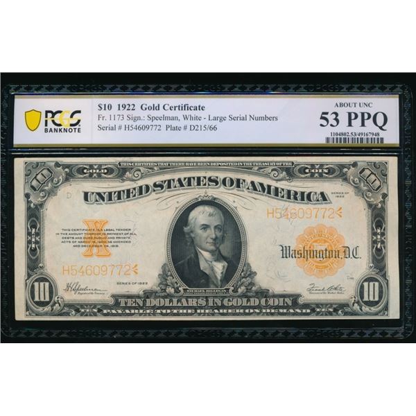 1922 $10 Gold Certificate PCGS 53PPQ