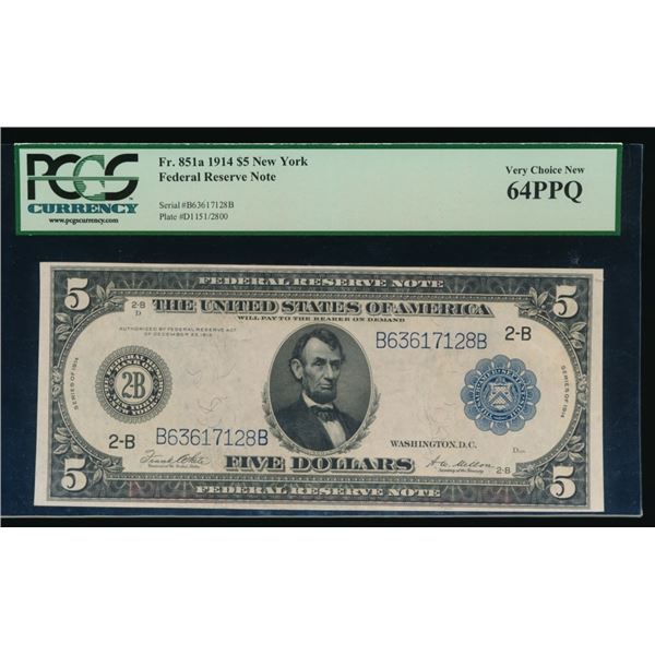 1914 $5 New York FRN PCGS 64PPQ