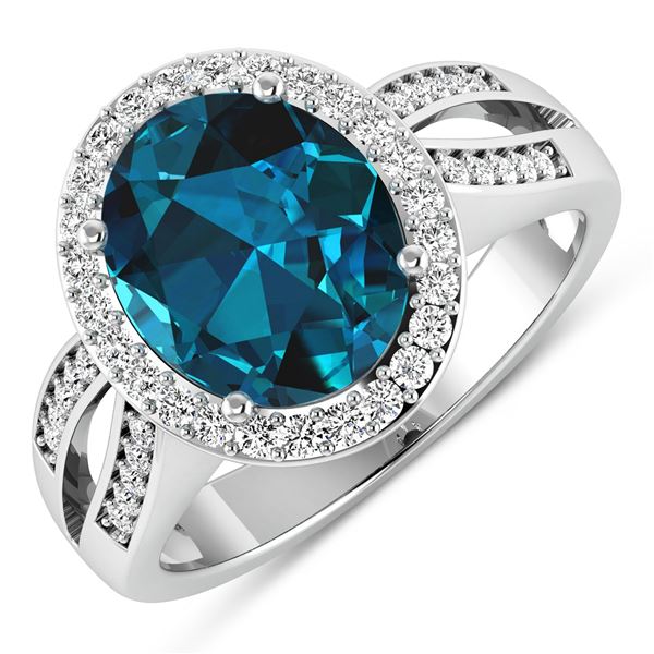 14KT White Gold 3.7ctw London Blue Topaz and Diamond Ring