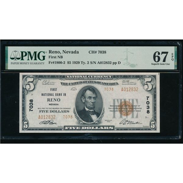 1929 $5 Reno NV National PMG 67EPQ