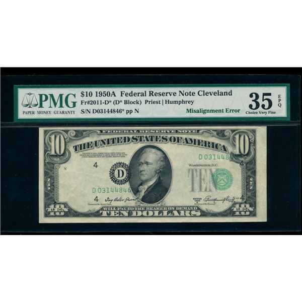 1950A $10 Misalignment ERROR Cleveland FRN PMG 35EPQ