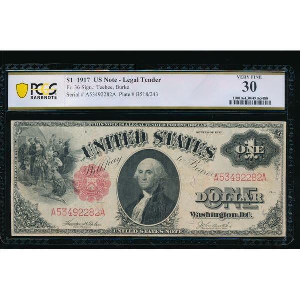1917 $1 Legal Tender Note PCGS 30