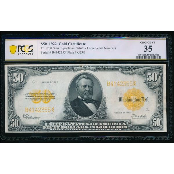 1922 $50 Gold Certificate PCGS 35