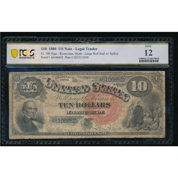 1880 $10 Jackass Legal Tender Note PCGS 12