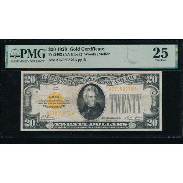 1928 $20 Gold Certificate PMG 25