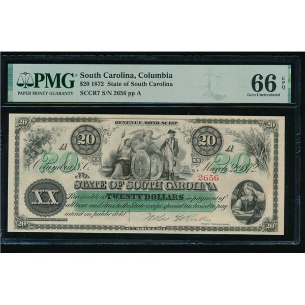 1872 $20 Columbia SC Obsolete PMG 66EPQ