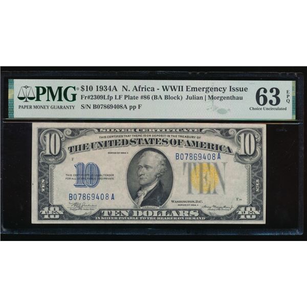 1934A $10 N Africa Silver Certificate PMG 63EPQ