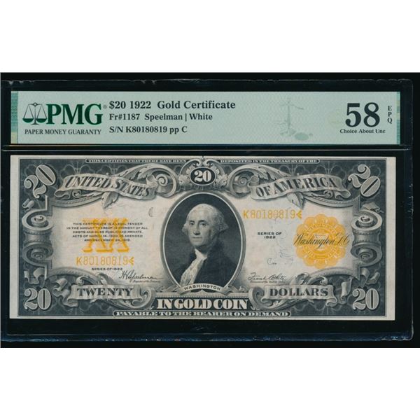 1922 $20 Gold Certificate PMG 58EPQ