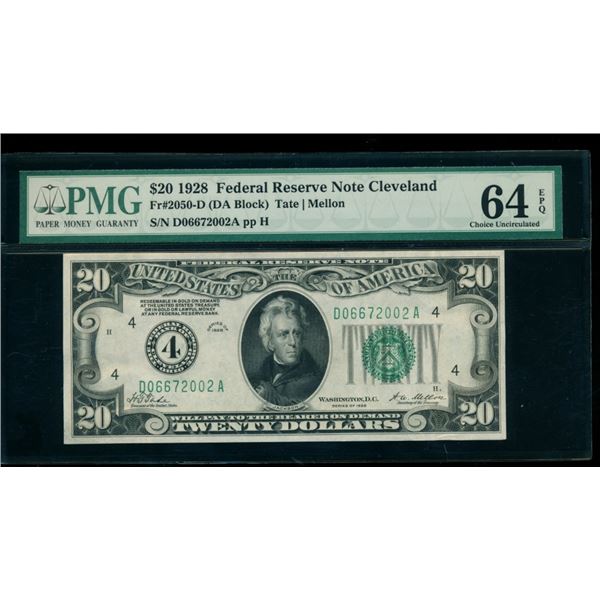 1928 $20 Cleveland FRN PMG 64EPQ