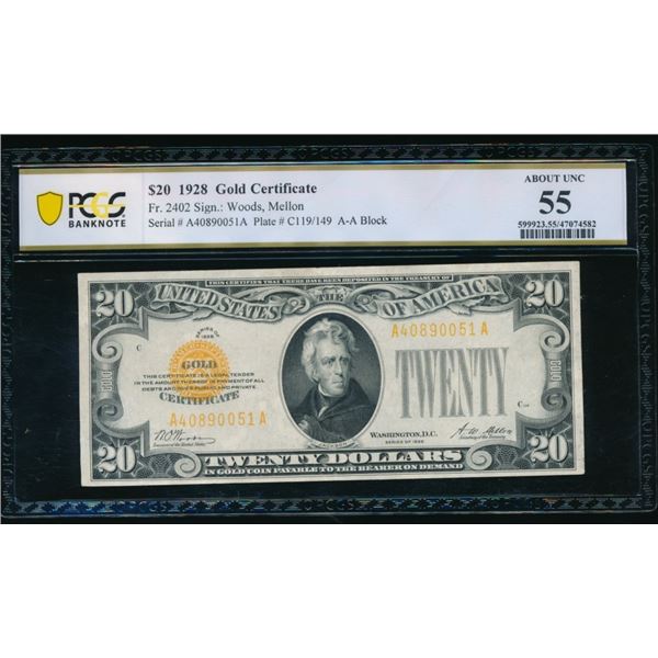 1928 $20 Gold Certificate PCGS 55