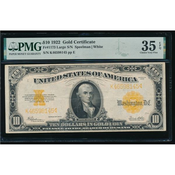 1922 $10 Gold Certificate PMG 35EPQ