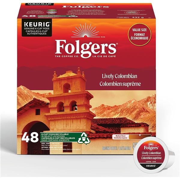 48 FOLGERS LIVELY COLUMBIAN KEURIG COFFEE PODS