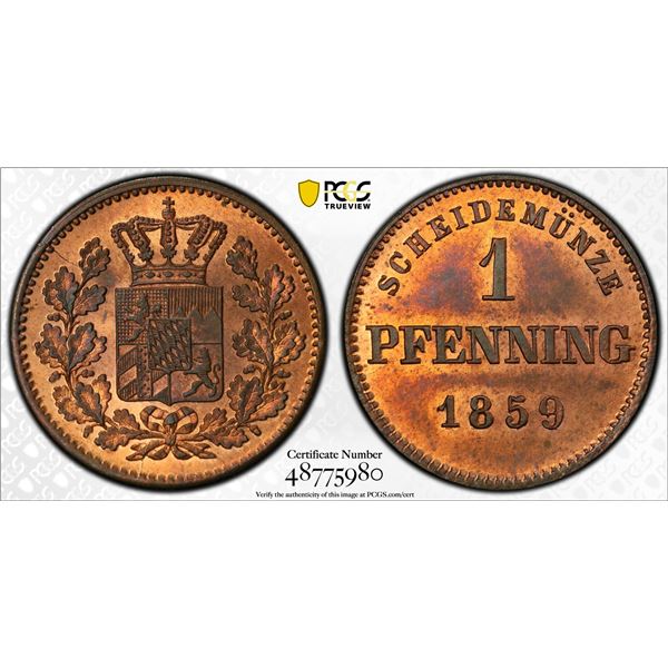 BAVARIA: Maximilian II, 1848-1864, AE pfennig, 1859, PCGS MS64 RB