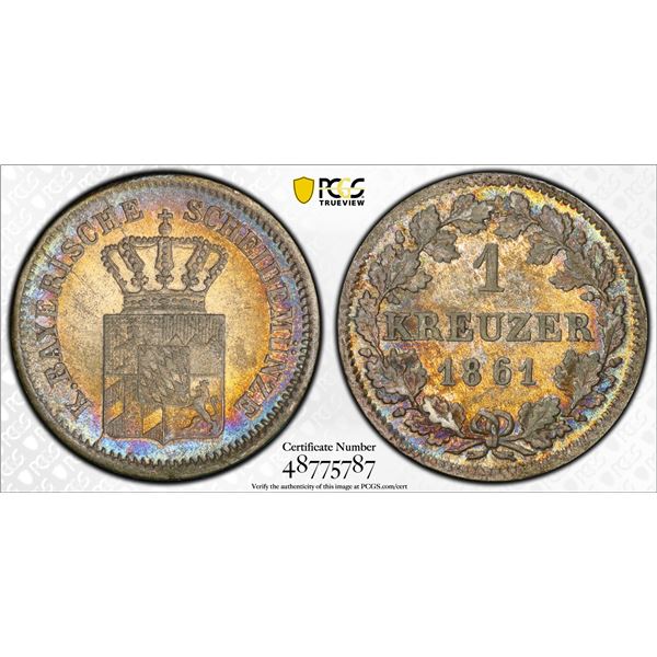 BAVARIA: Maximilian II, 1848-1864, BI kreuzer, 1861, PCGS MS65