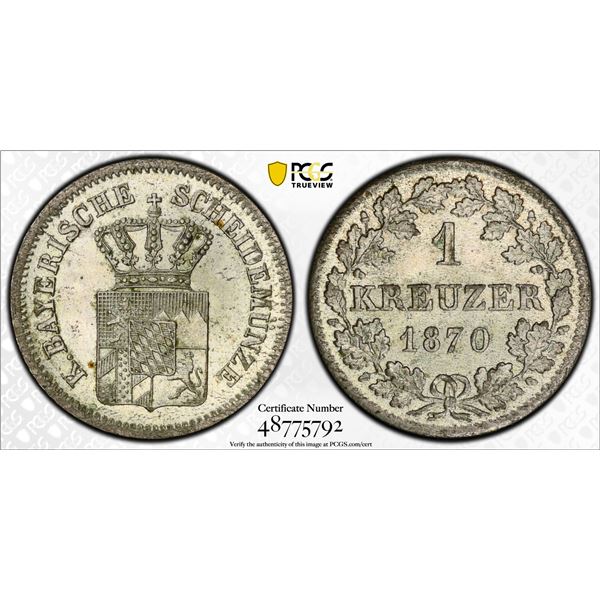 BAVARIA: Ludwig II, 1864-1886, BI kreuzer, 1870, PCGS MS66