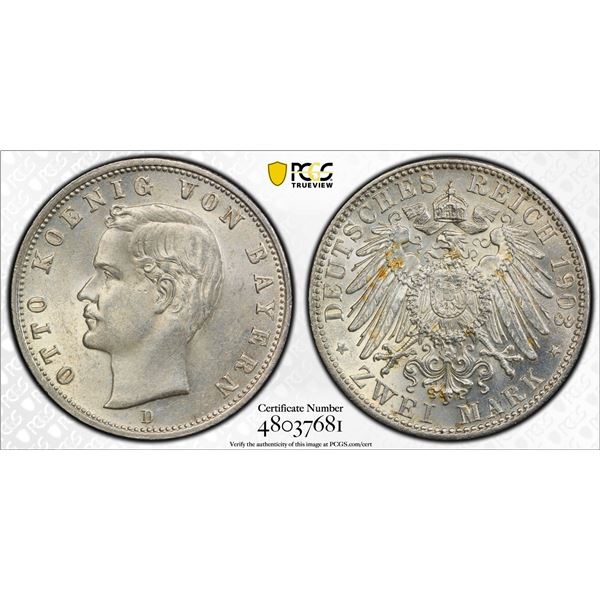 BAVARIA: Otto, 1886-1913, AR 2 mark, 1903-D, PCGS MS62