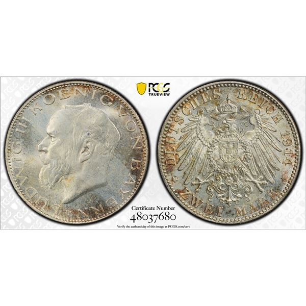 BAVARIA: Ludwig III, 1913-1918, AR 2 mark, 1914-D, PCGS MS65